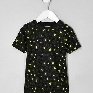 River Island Boys Black Lime Leopard Print T-Shirt